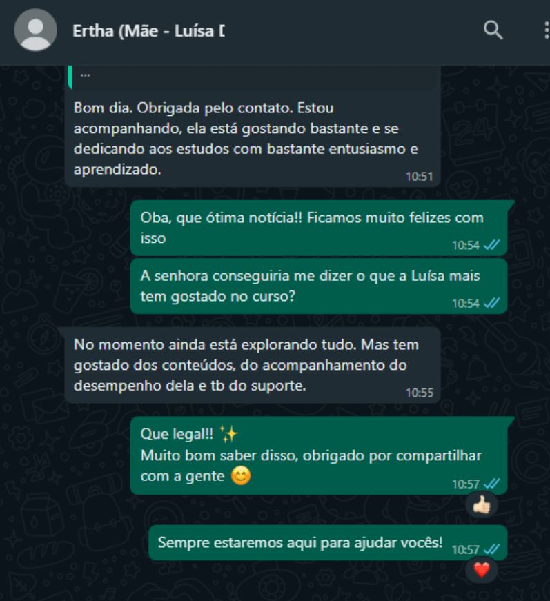 Depoimento de Ertha sobre o progresso da filha Luisa