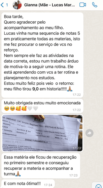 Depoimento de Gianna sobre melhoria nas notas do filho Lucas