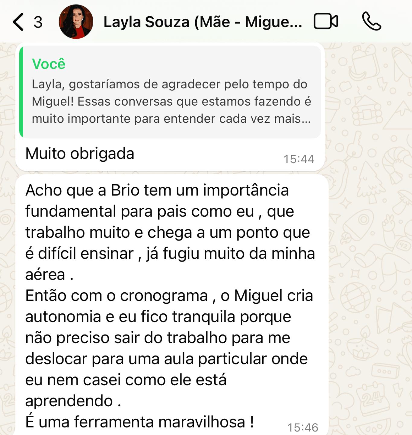 Depoimento de Layla sobre autonomia criada no filho Miguel